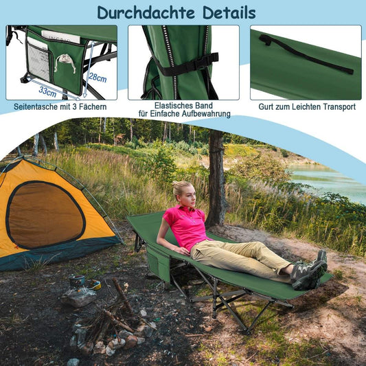 Camping bed durable travel bed with headrest 190 x 70 x 54 cm green