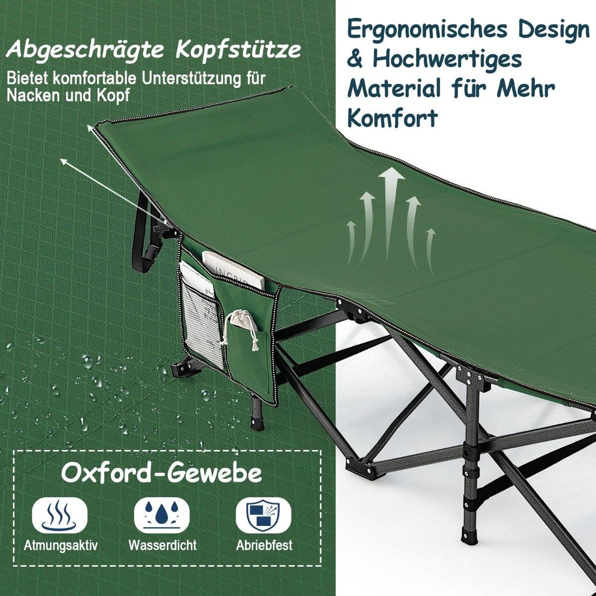Camping bed durable travel bed with headrest 190 x 70 x 54 cm green