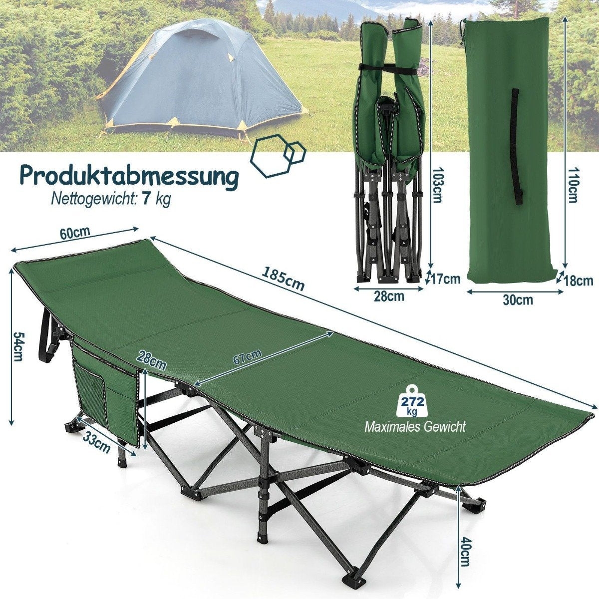 Camping bed durable travel bed with headrest 190 x 70 x 54 cm green