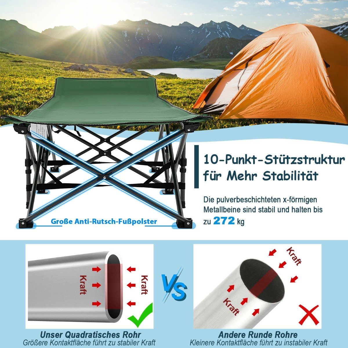 Camping bed durable travel bed with headrest 190 x 70 x 54 cm green