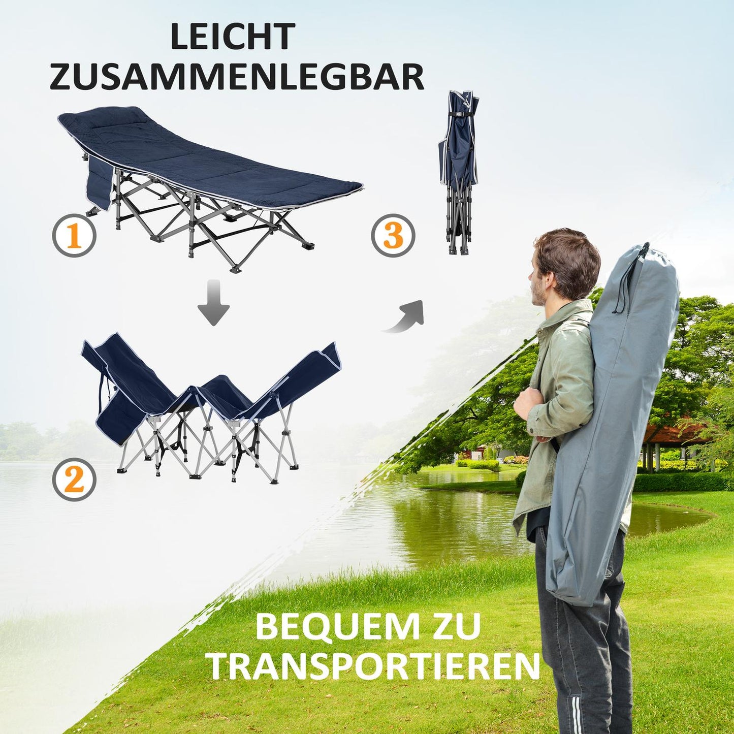 Folding camping bed with pillow and pocket, 150 kg capacity