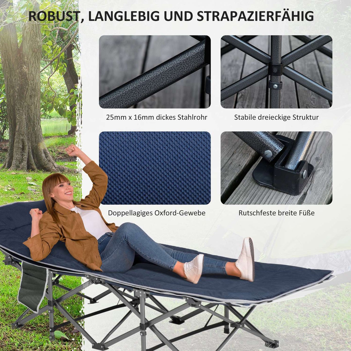 Folding camping bed with pillow and pocket, 150 kg capacity