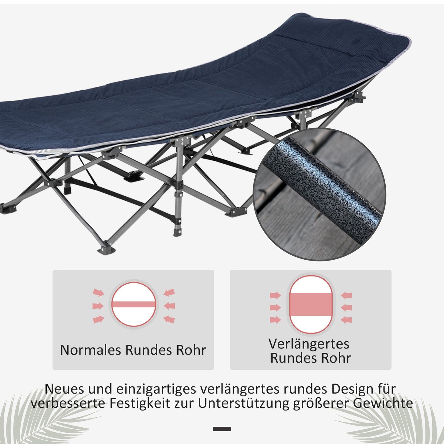 Folding camping bed with pillow and pocket, 150 kg capacity