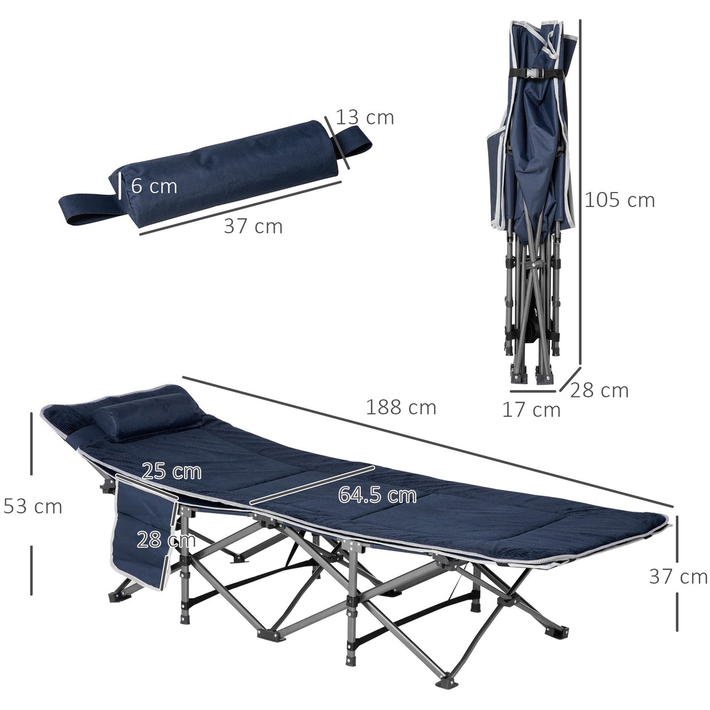 Folding camping bed with pillow and pocket, 150 kg capacity