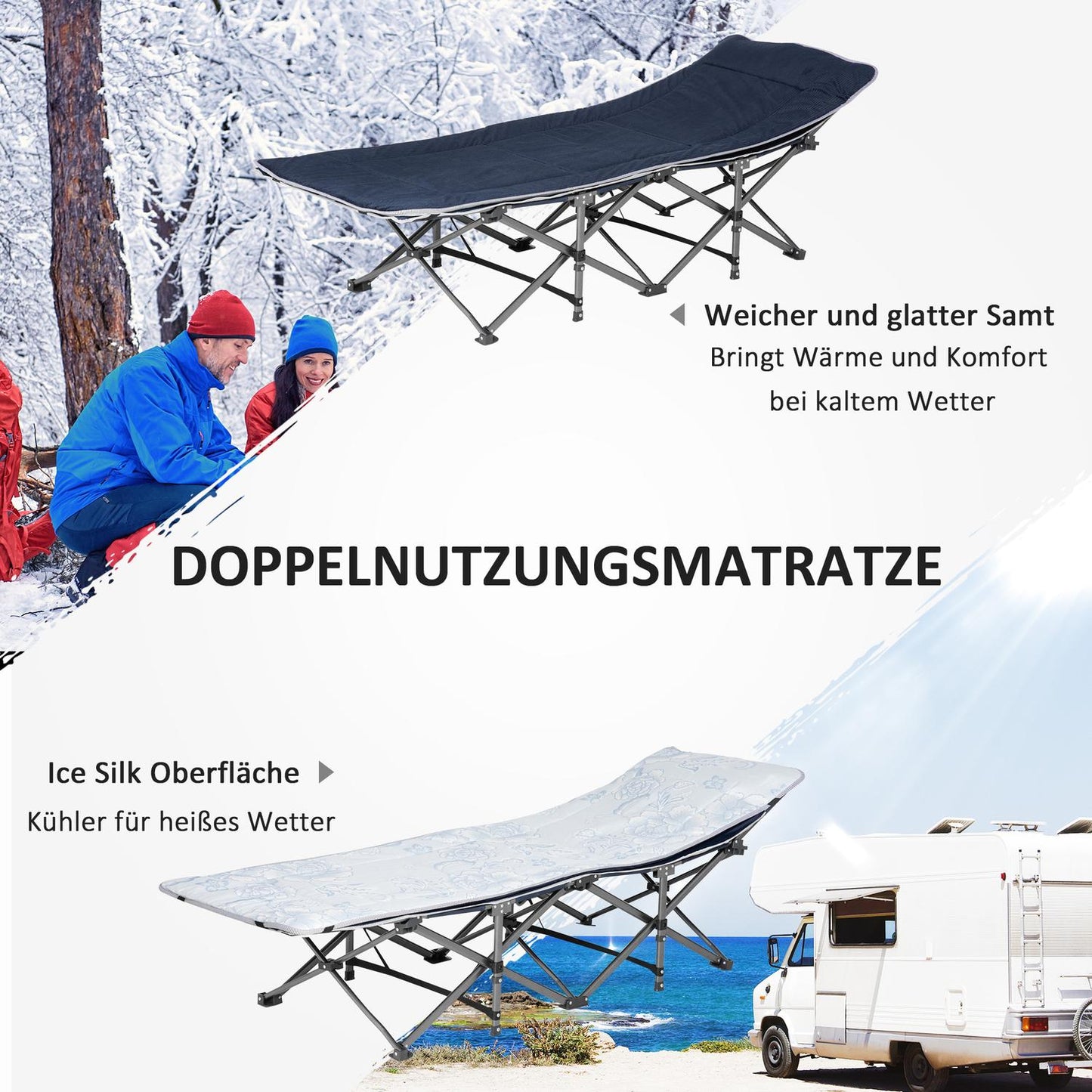 Folding camping bed with pillow and pocket, 150 kg capacity