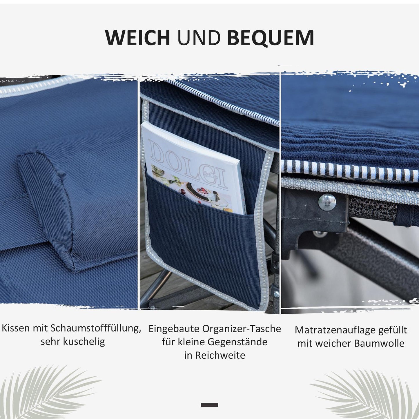 Folding camping bed with pillow and pocket, 150 kg capacity