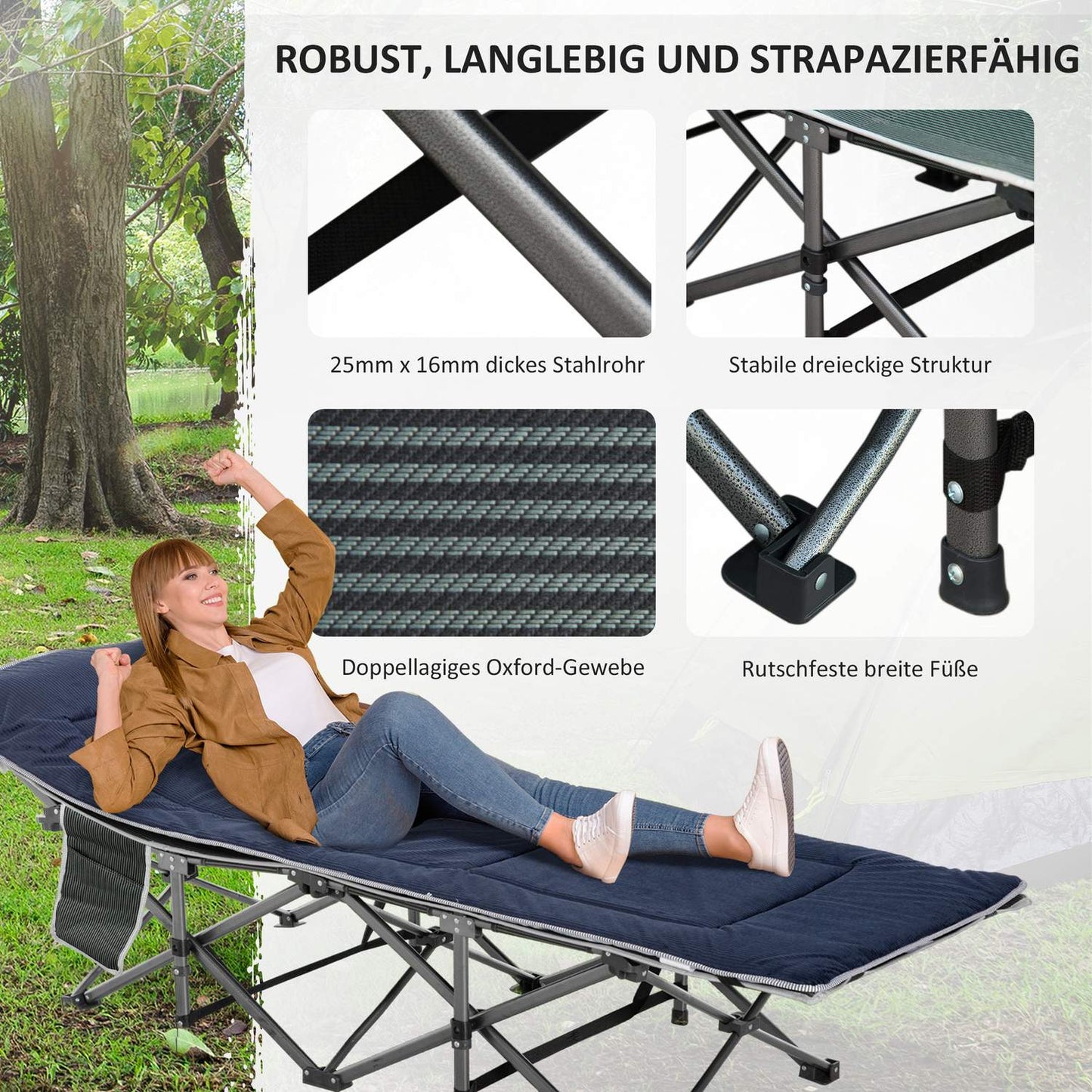 Portable folding camping bed with pillow and side pocket