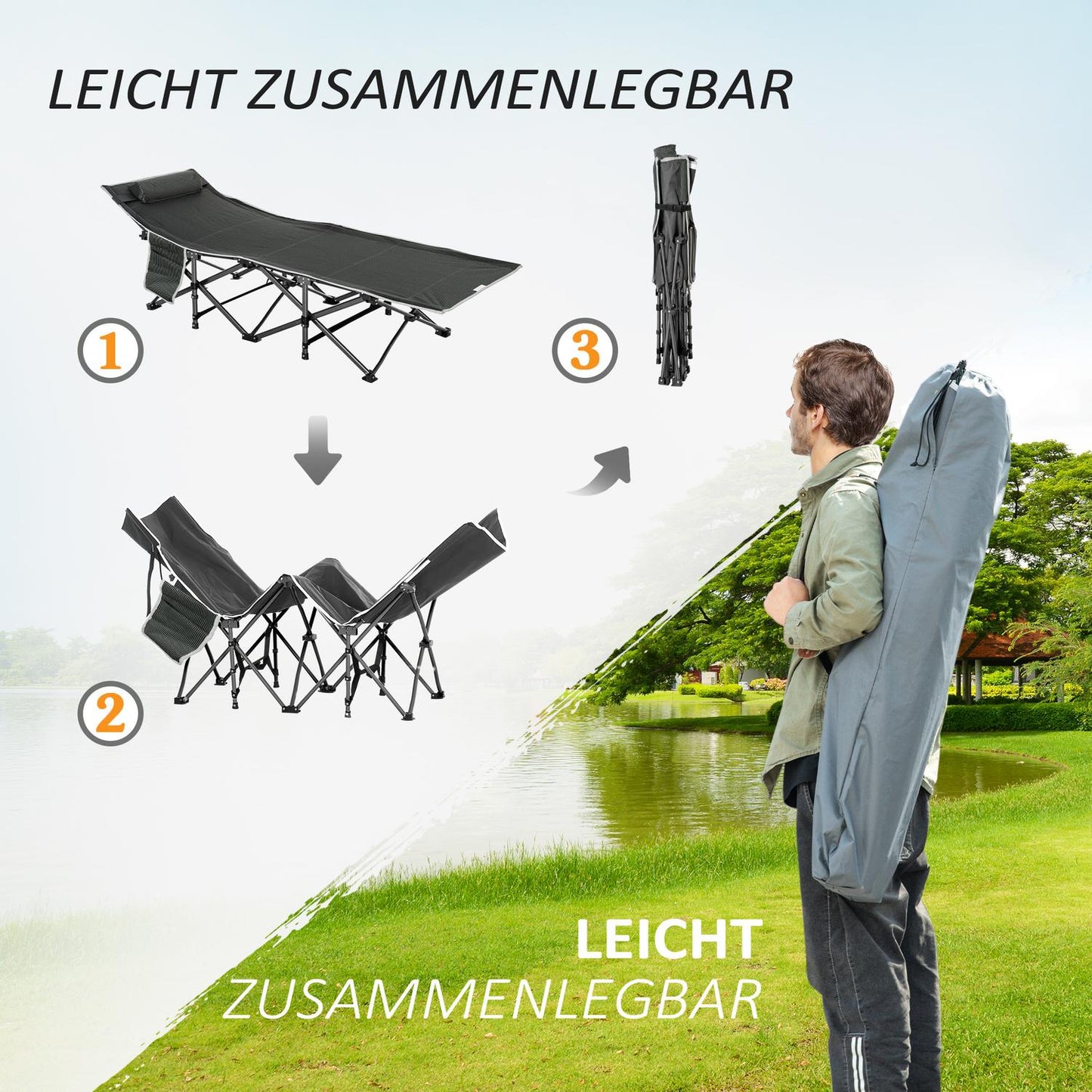 Portable folding camping bed with pillow and side pocket