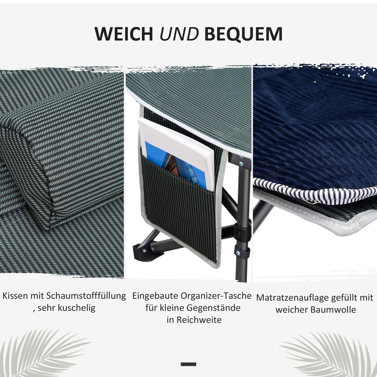 Portable folding camping bed with pillow and side pocket