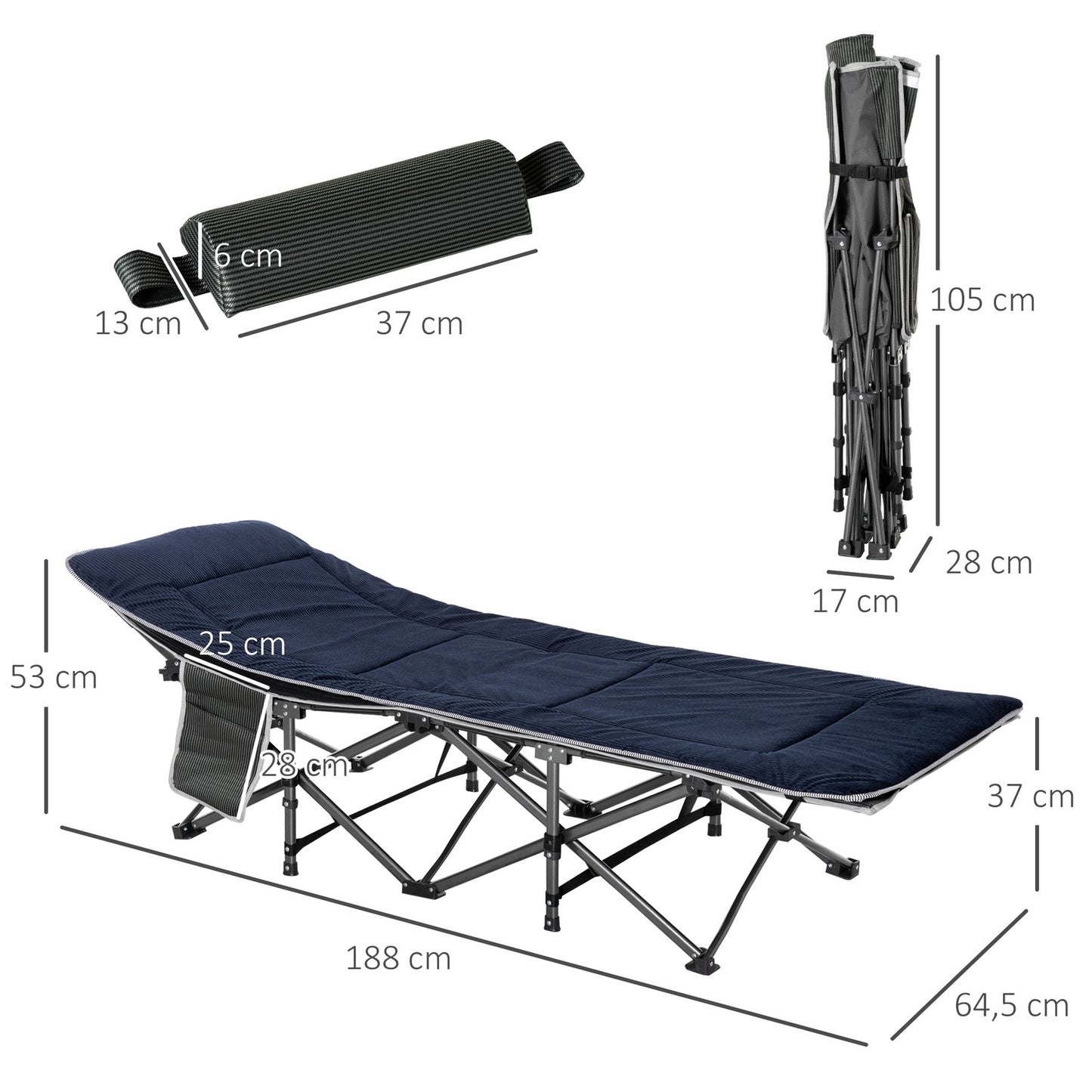Portable folding camping bed with pillow and side pocket