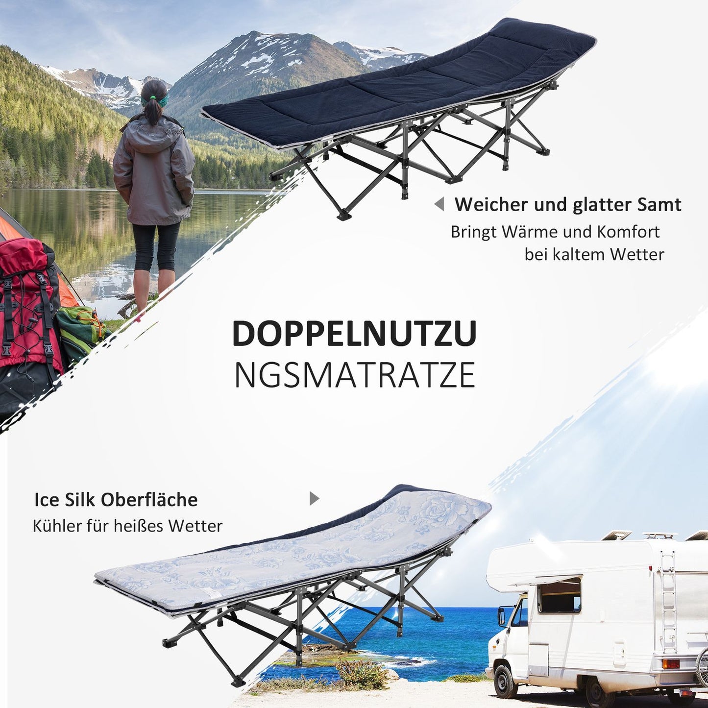 Portable folding camping bed with pillow and side pocket