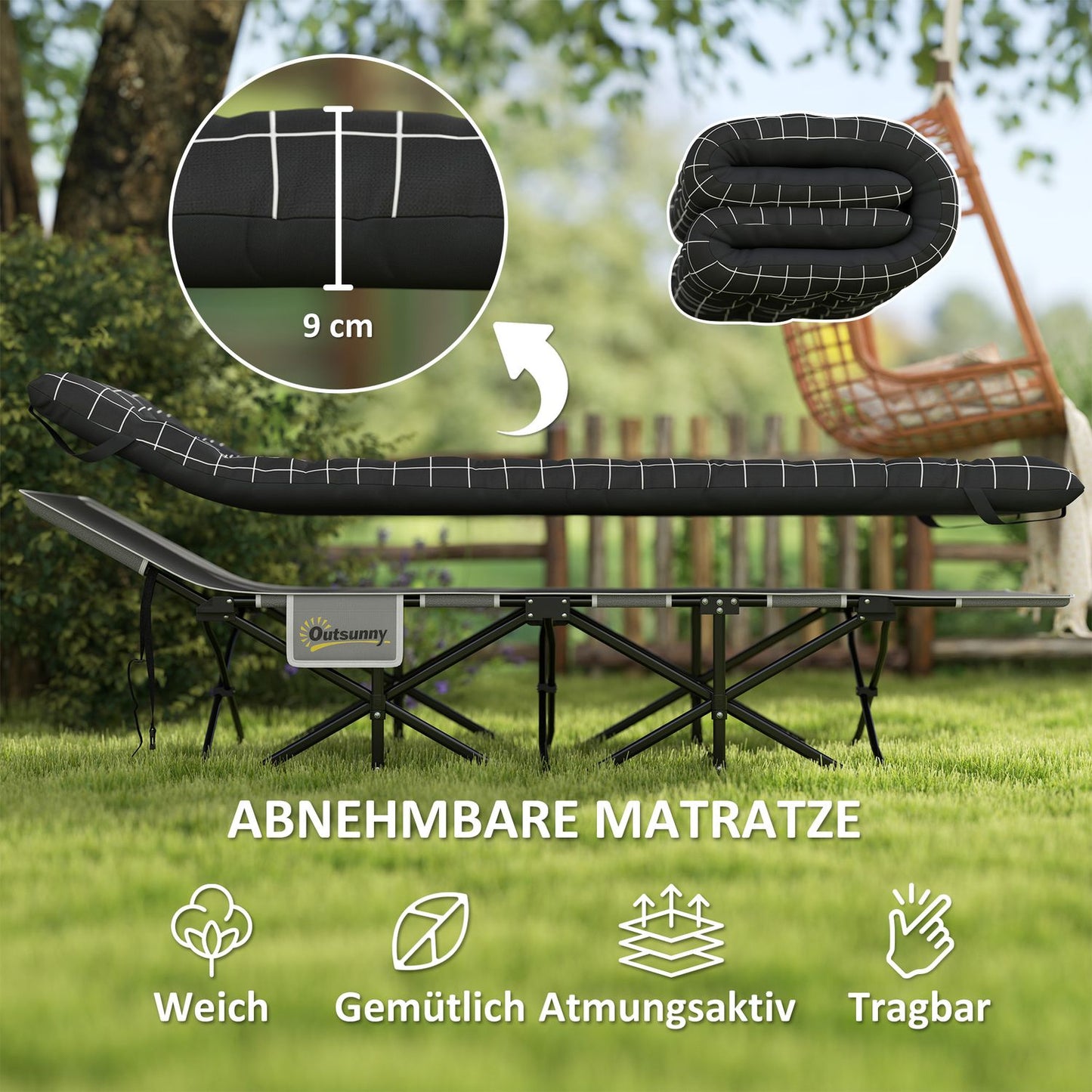 Folding camping bed with side pocket - non-slip, 150 kg capacity