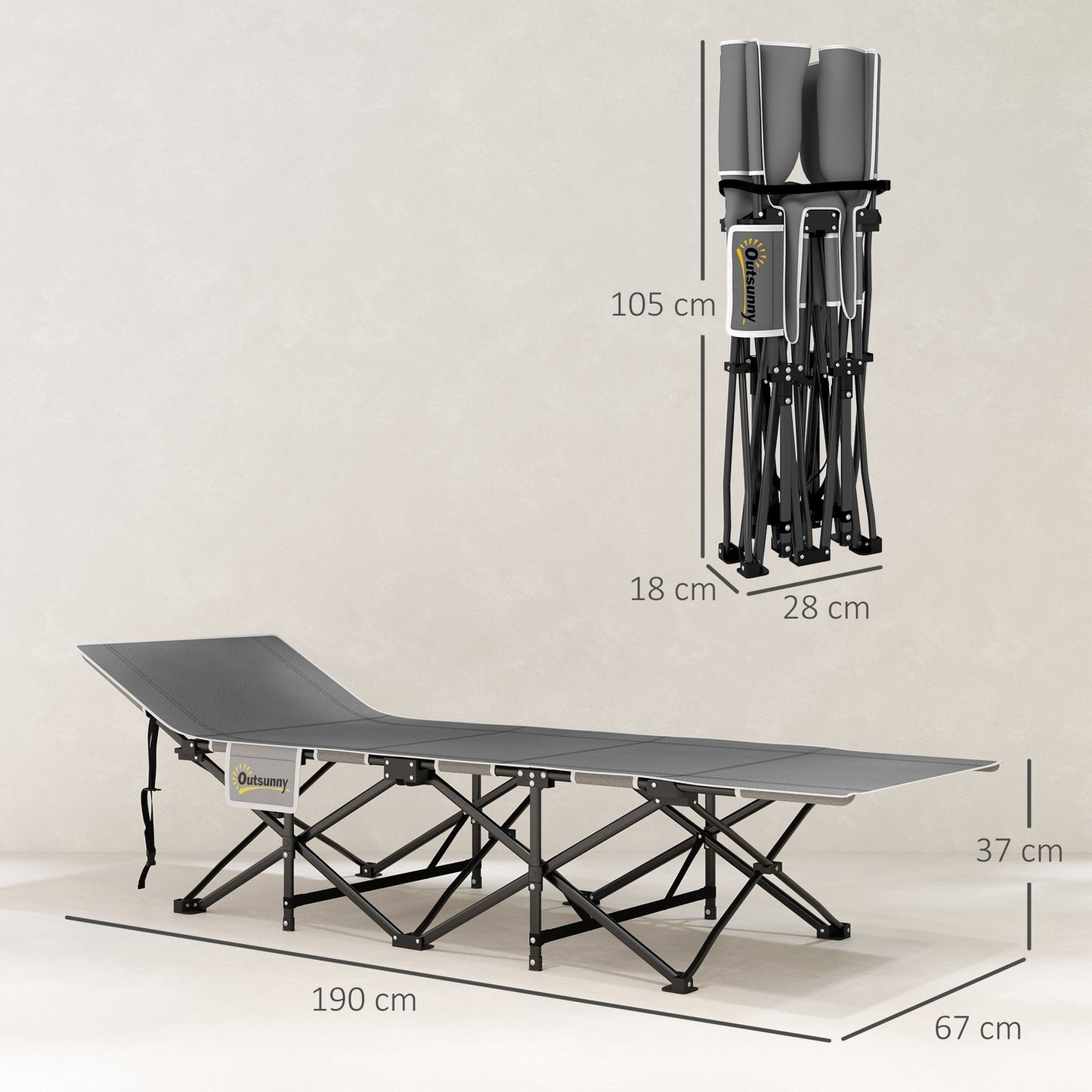 Folding camping bed with side pocket - non-slip, 150 kg capacity