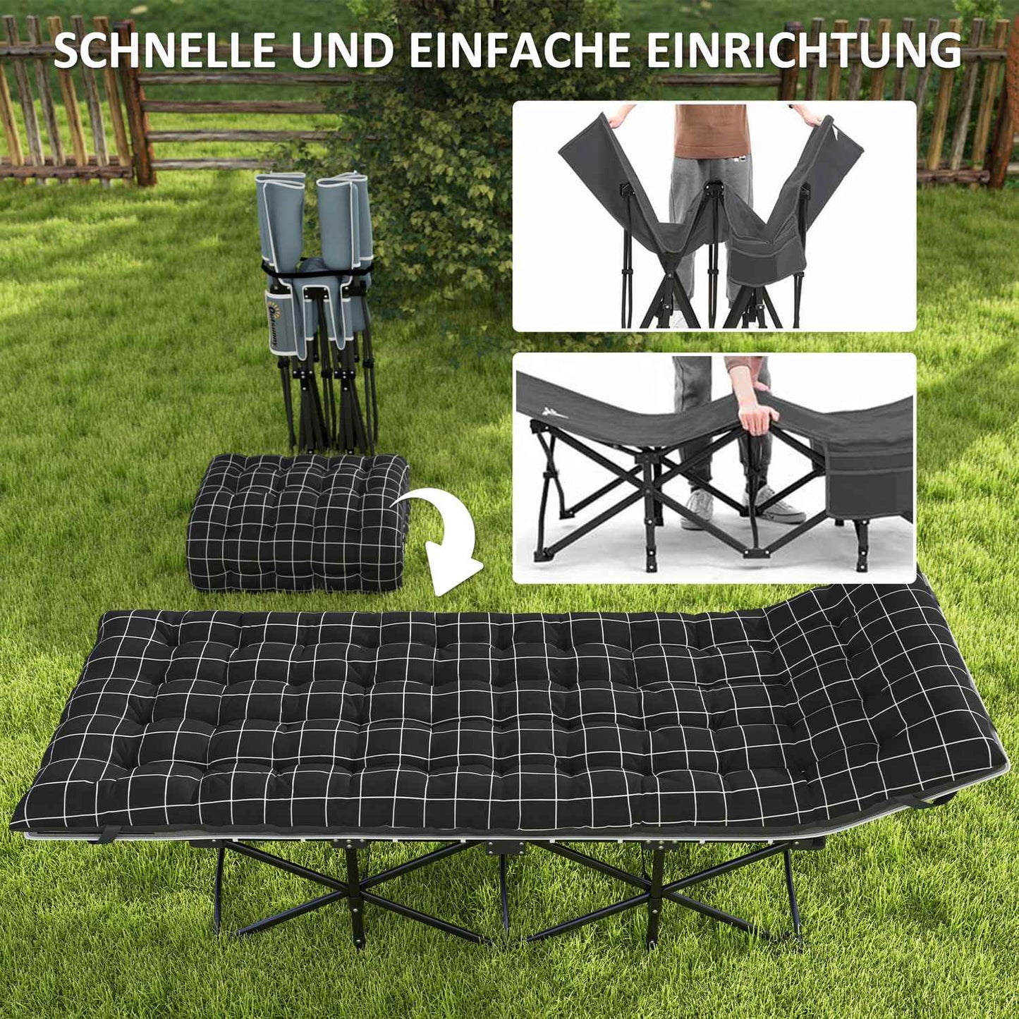 Folding camping bed with side pocket - non-slip, 150 kg capacity