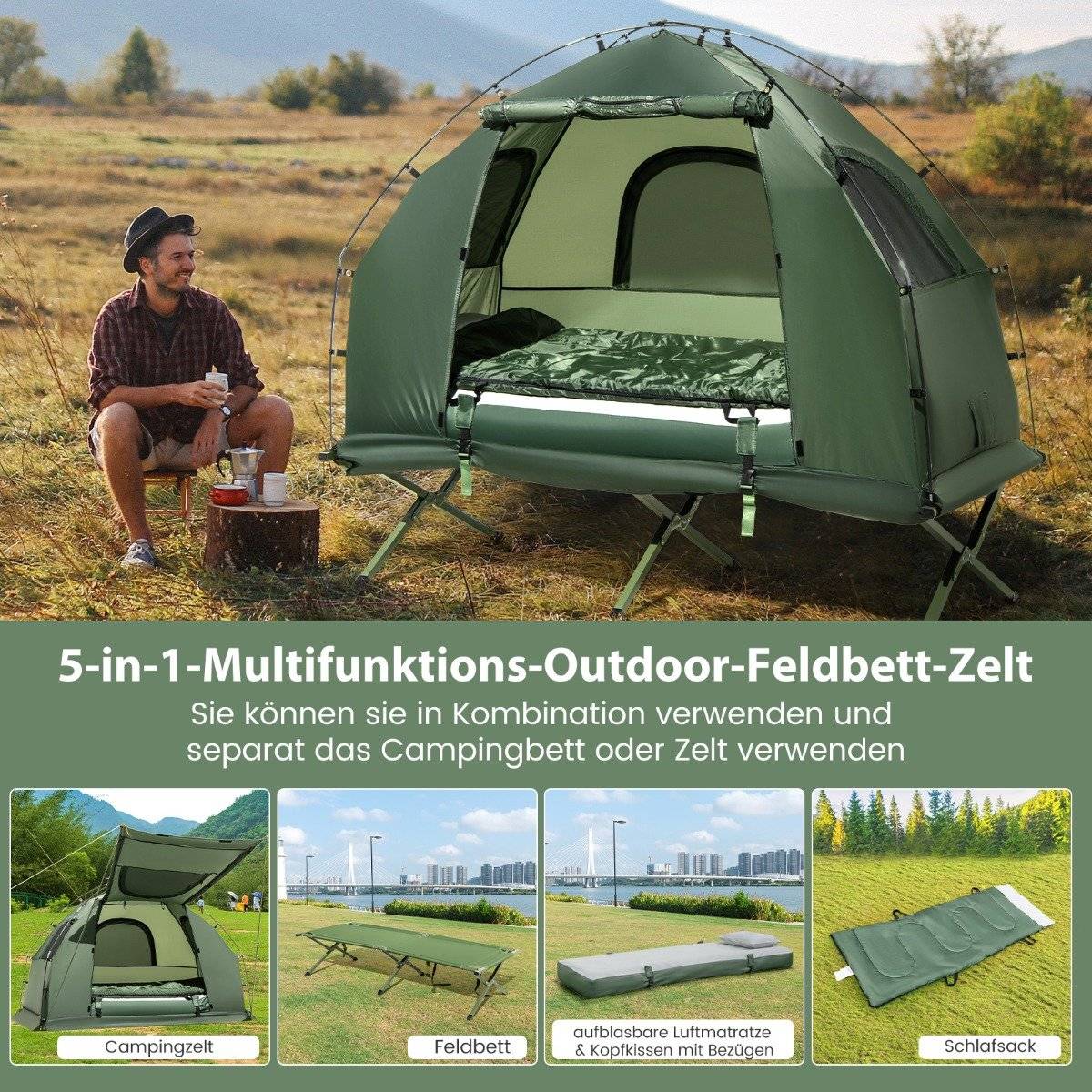 Camping bed with awning & air mattress & sleeping bag & pillow Camping lounger with carrying bag