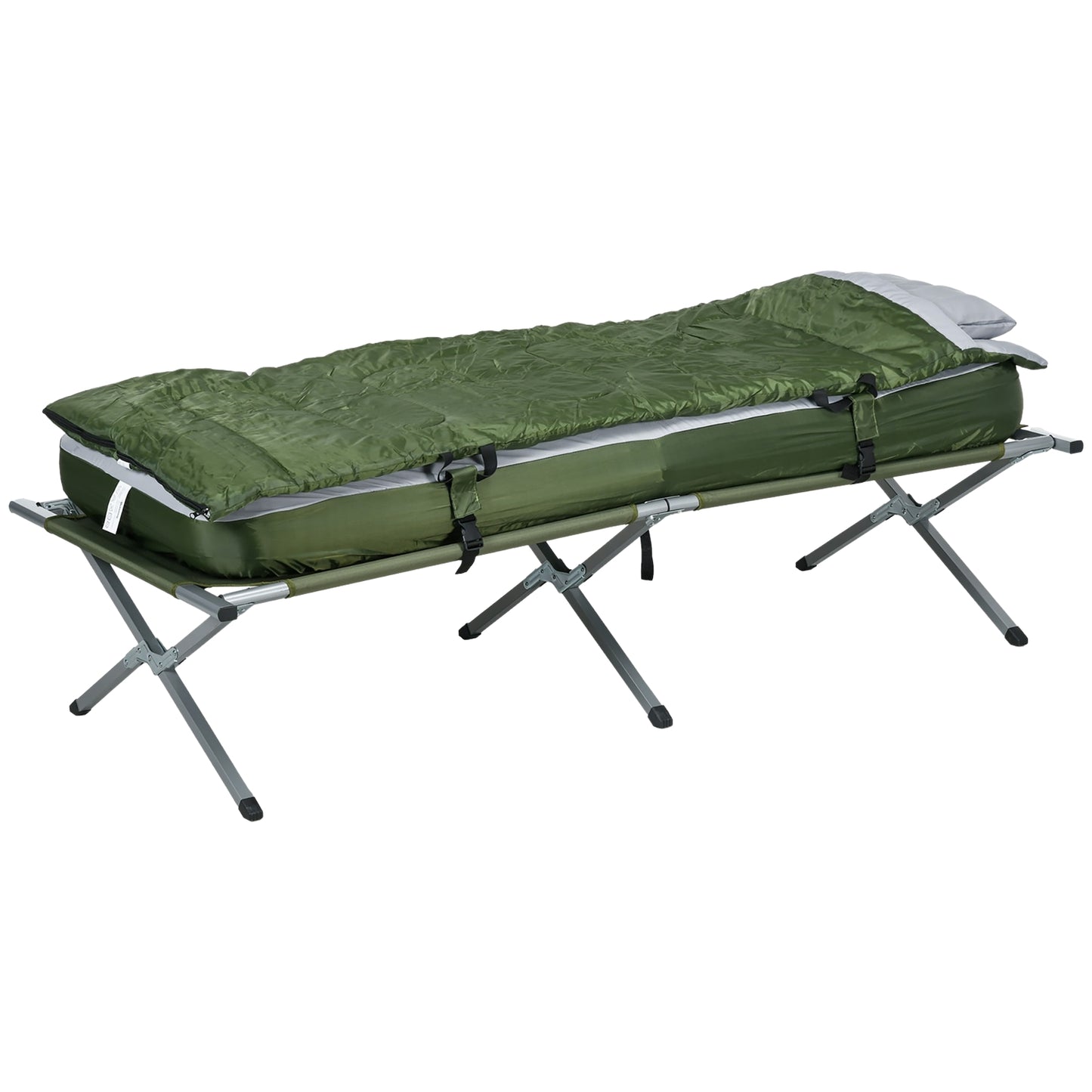 Camping bed with pillow, foldable, 120 kg capacity, green