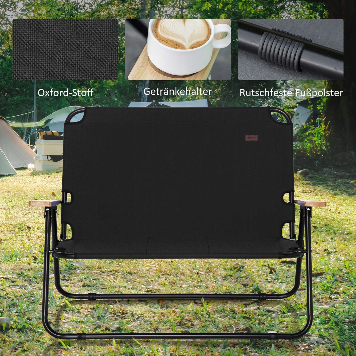 2-seater folding camping chair, portable with cup holder