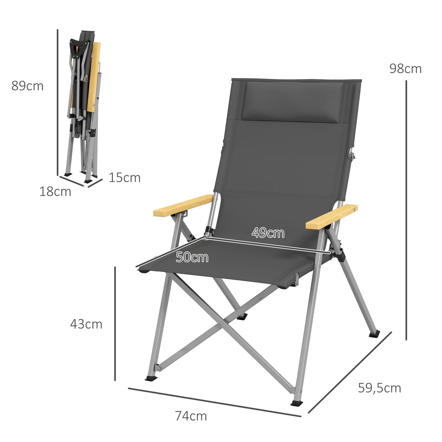 Folding camping chair - adjustable backrest, headrest, with carrying bag