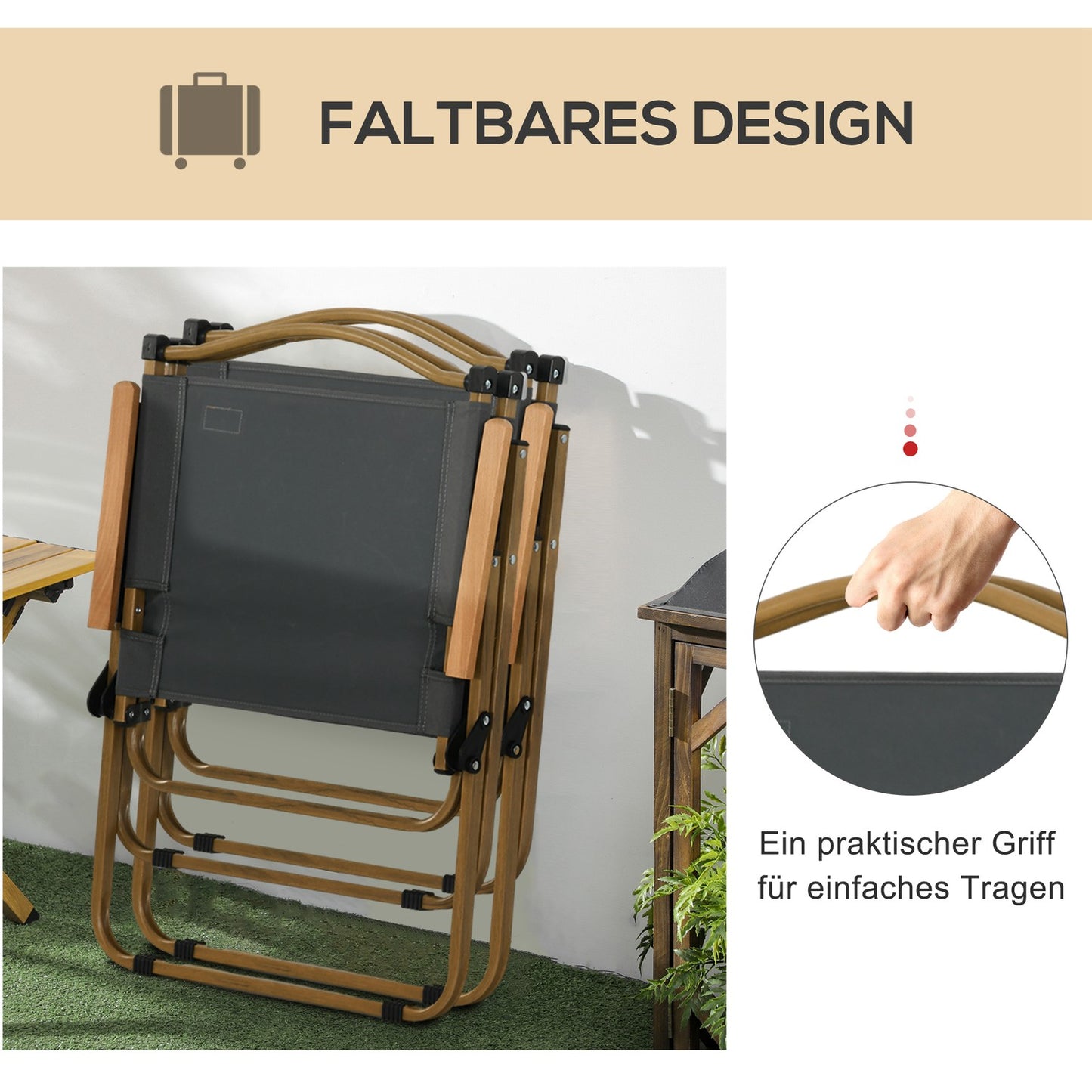 Folding camping chairs Set of 2 - Steel frame, dark grey