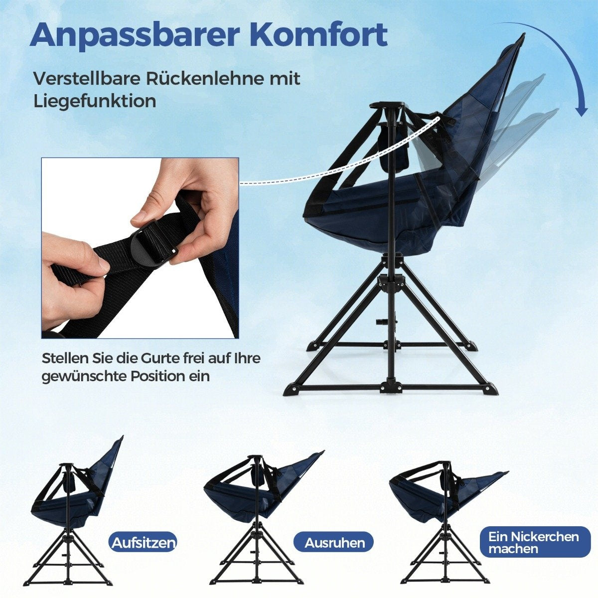 Camping chair with footrest &amp; adjustable backrest &amp; headrest &amp; cup holder fishing chair navy blue