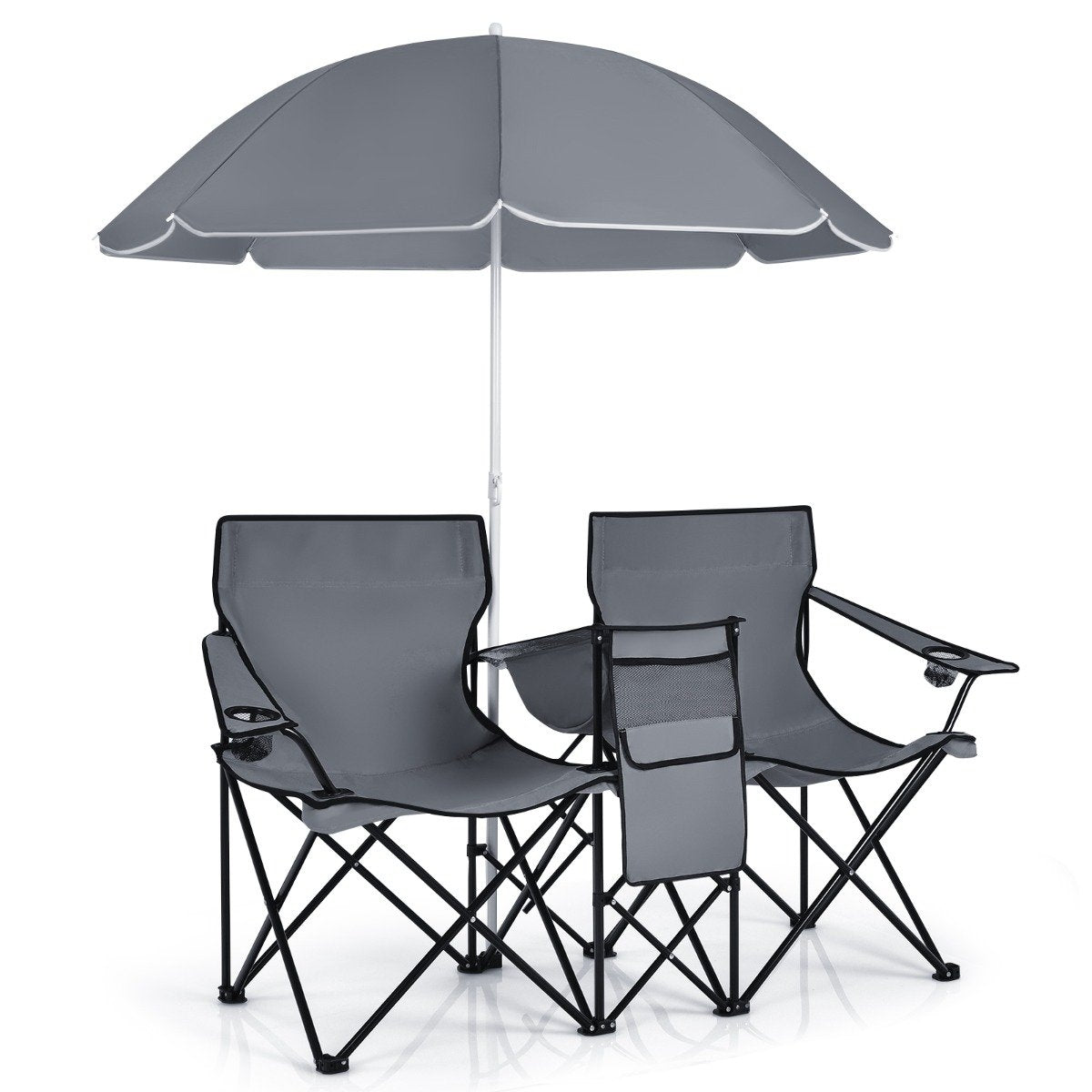 Camping chair with parasol double folding chair with cup holder cool bag gray
