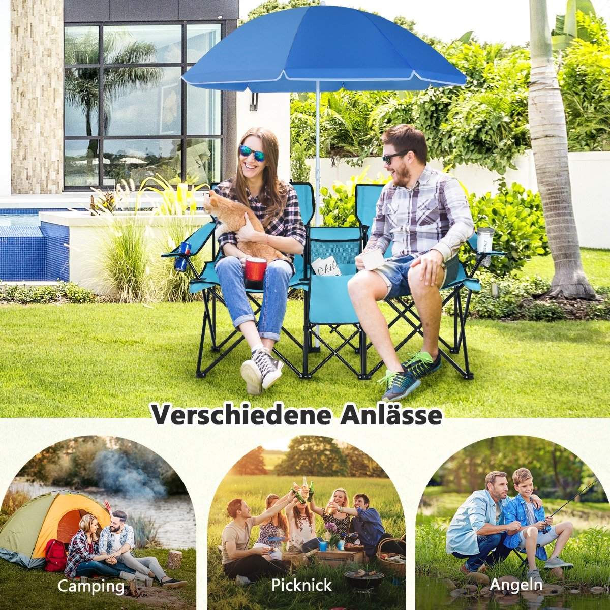 Camping chair with parasol double folding chair with drink holder cool bag turquoise