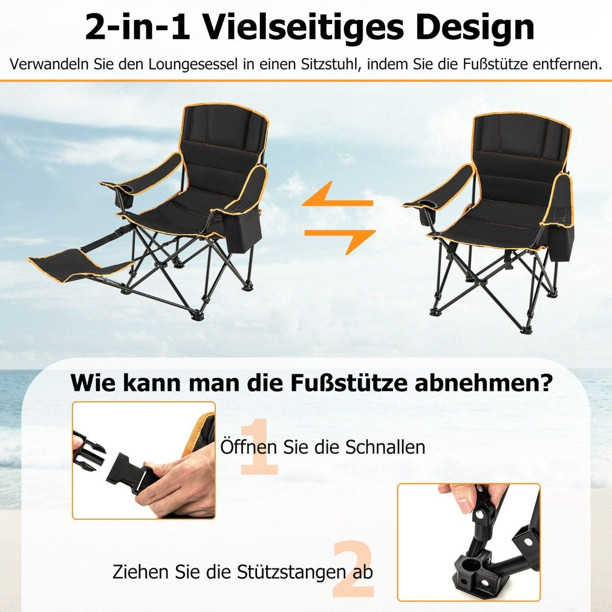 Camping chair with removable footrest & drink holder & cooler bag. Folding fishing chair