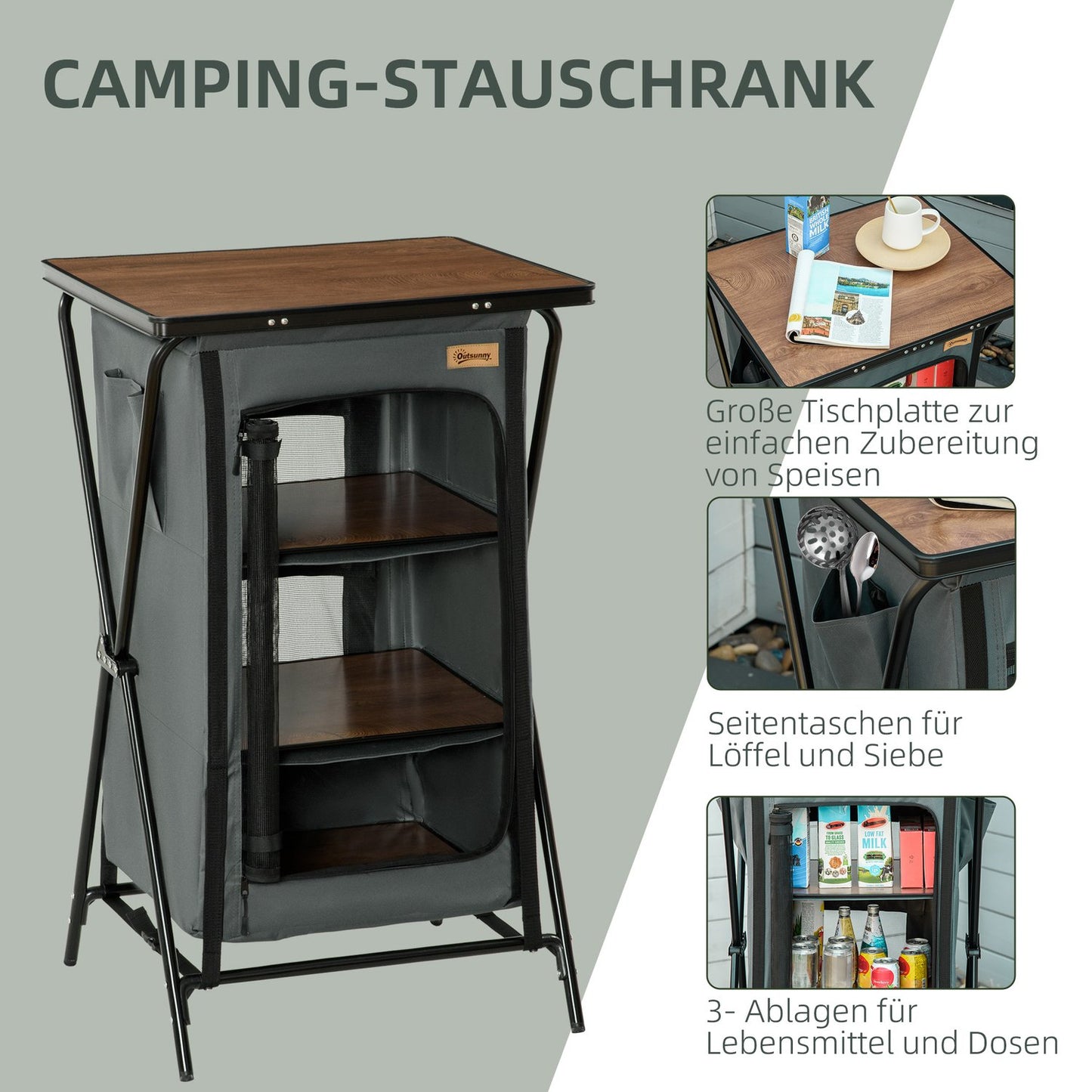 Portable Collapsible Camping Kitchen with Shelves - Dark Grey