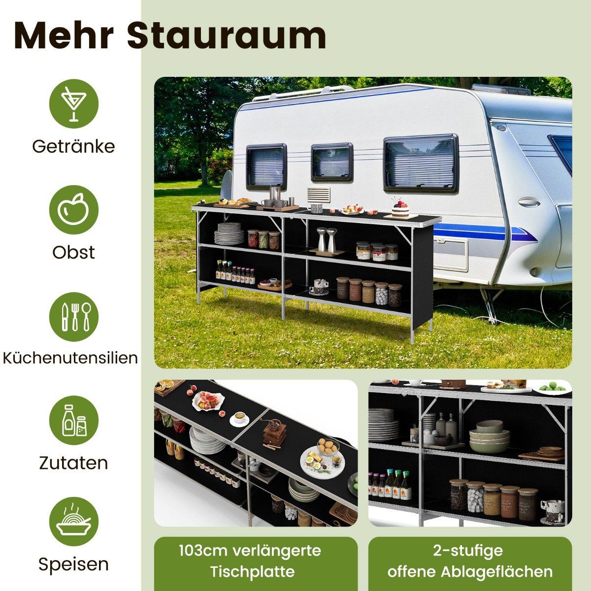 Camping cupboard foldable portable camping kitchen with 2 tier shelves 206 x 38 x 83 cm black