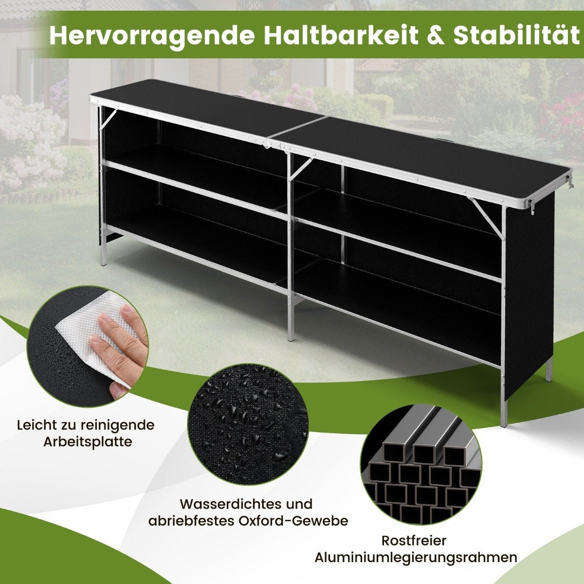 Camping cupboard foldable portable camping kitchen with 2 tier shelves 206 x 38 x 83 cm black