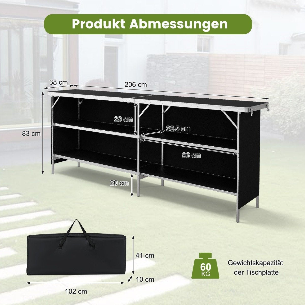Camping cupboard foldable portable camping kitchen with 2 tier shelves 206 x 38 x 83 cm black