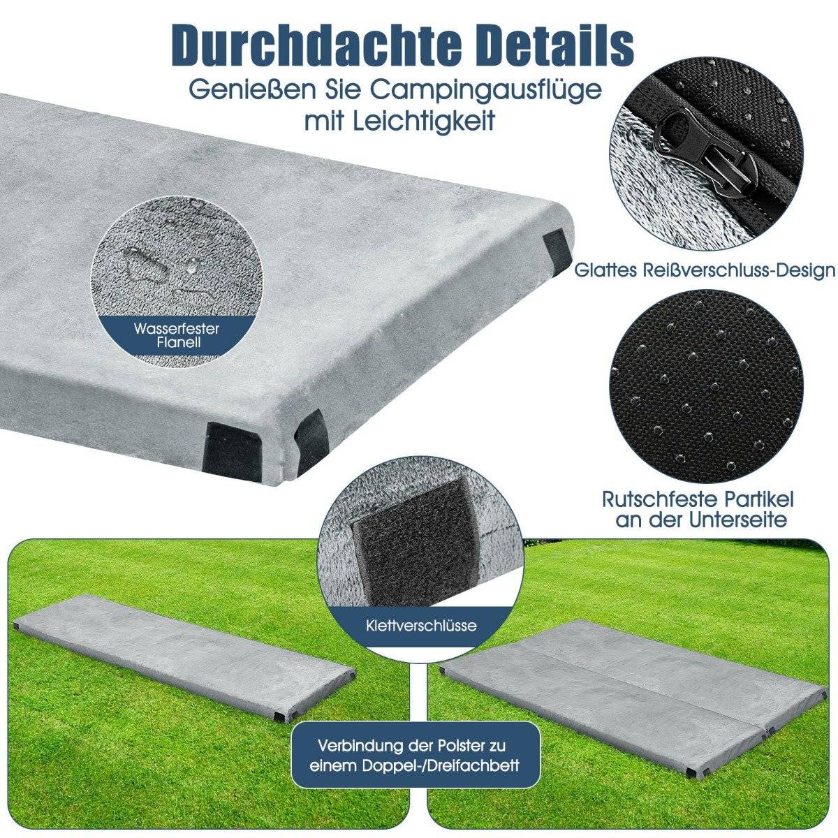 Camping sleeping mat, camping mattress made of memory foam, lightweight sleeping mat with flannel cover, 183 x 62.5 x 6.5 cm, grey
