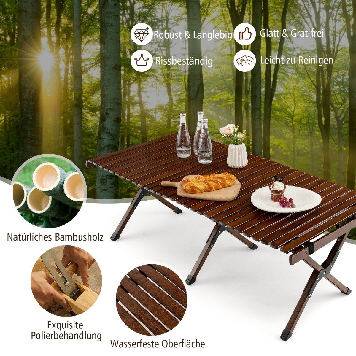 Camping table folding picnic table with carry bag roll-up bamboo table 122 x 60 x 43.5 cm coffee