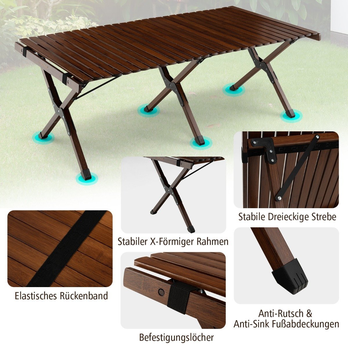 Camping table folding picnic table with carry bag roll-up bamboo table 122 x 60 x 43.5 cm coffee