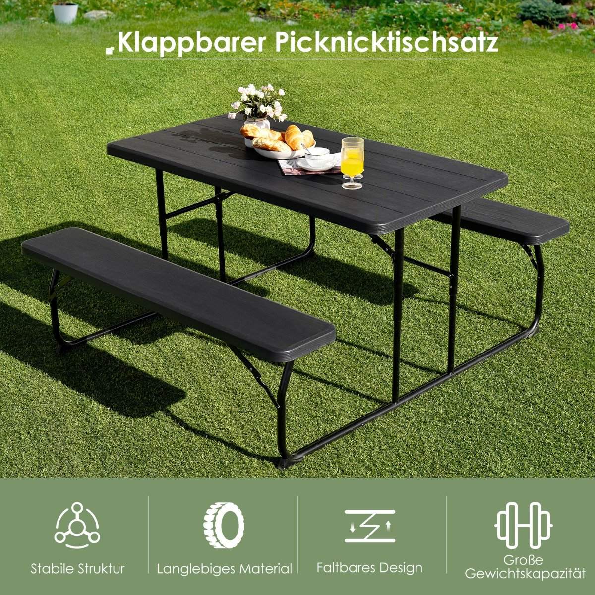 Camping table set folding picnic table with benches black