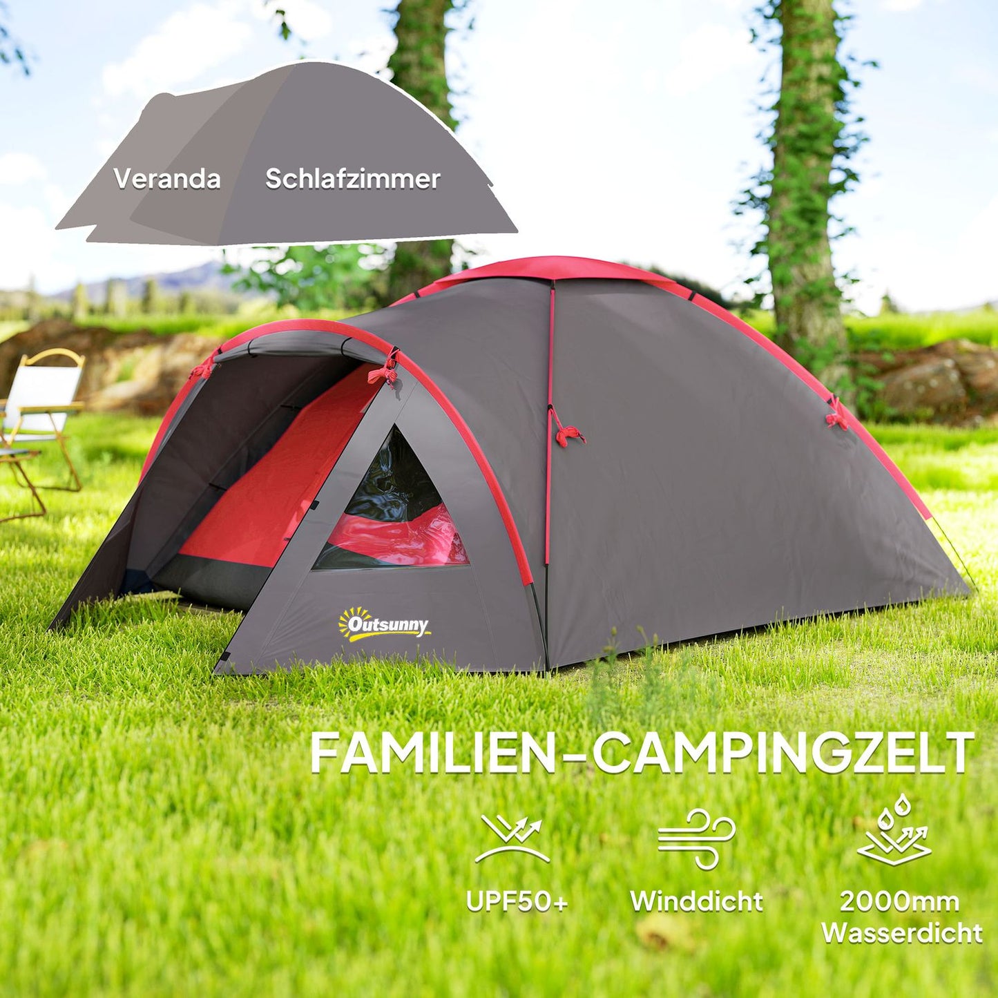 Camping tent for 3 people, lightweight, stable, waterproof, UV 50+, with canopy, door, window, groundsheet, grey