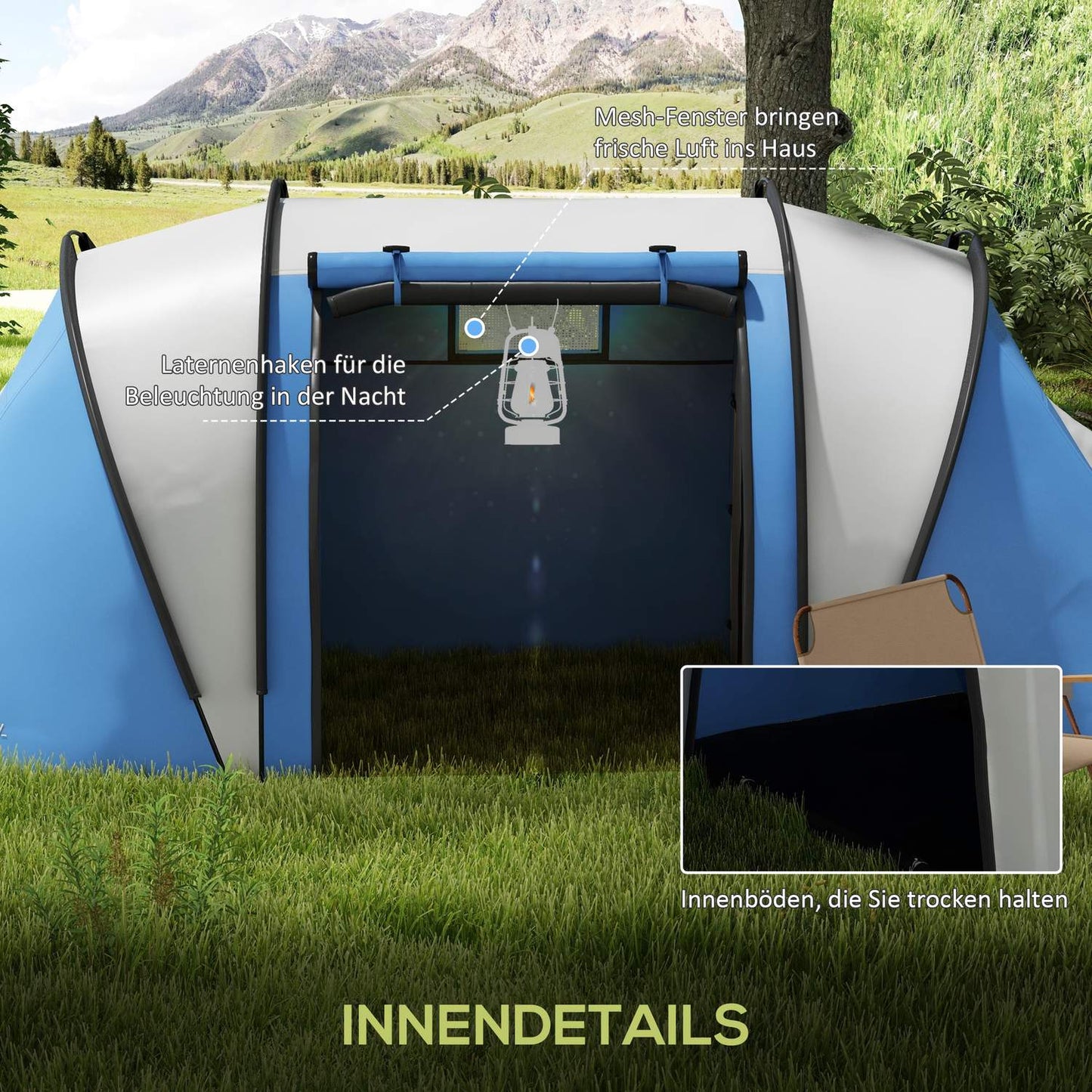 Lightweight tent for 4-5 people, water-repellent, 3 rooms
