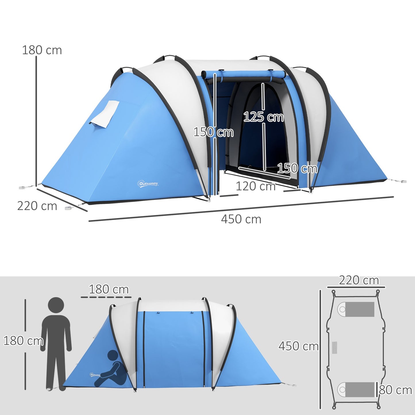 Lightweight tent for 4-5 people, water-repellent, 3 rooms