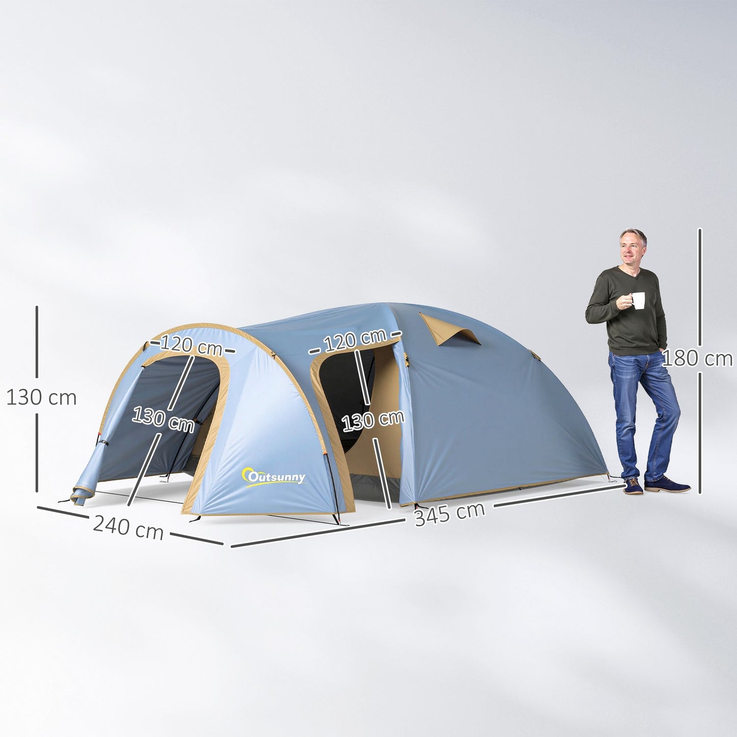 Camping tent for 4 people, waterproof tunnel tent with 2 doors and hooks, packing bag, 3.45 x 2.4 x 1.3 m, light blue