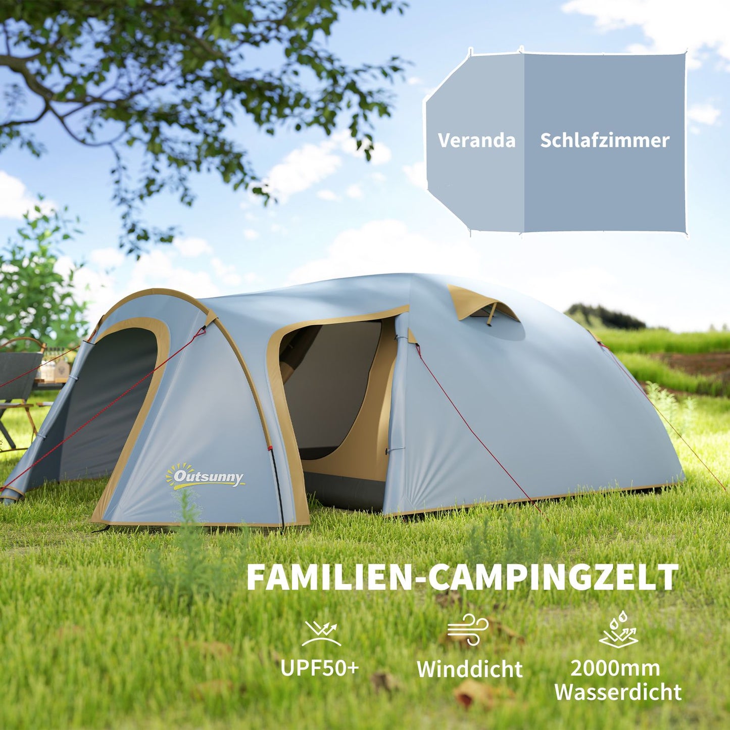 Camping tent for 4 people, waterproof tunnel tent with 2 doors and hooks, packing bag, 3.45 x 2.4 x 1.3 m, light blue