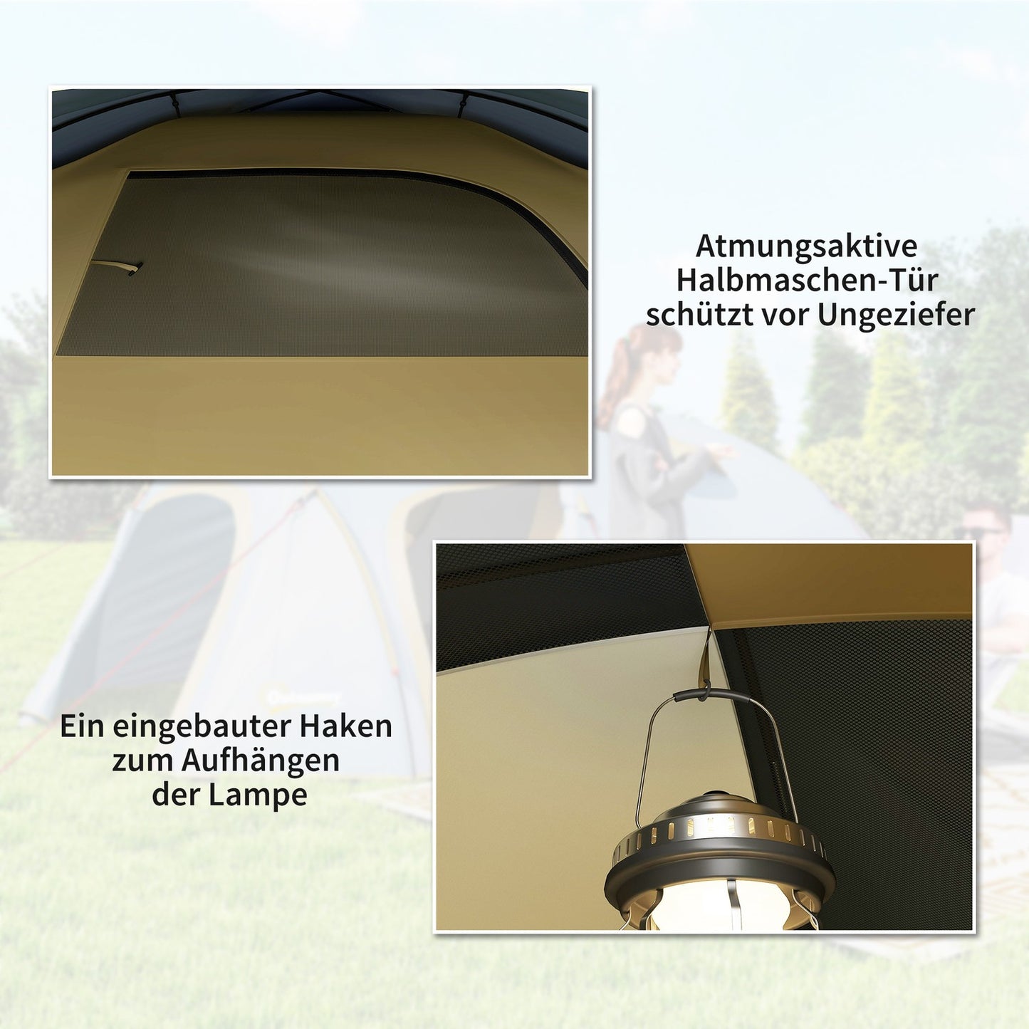 Camping tent for 4 people, waterproof tunnel tent with 2 doors and hooks, packing bag, 3.45 x 2.4 x 1.3 m, light blue