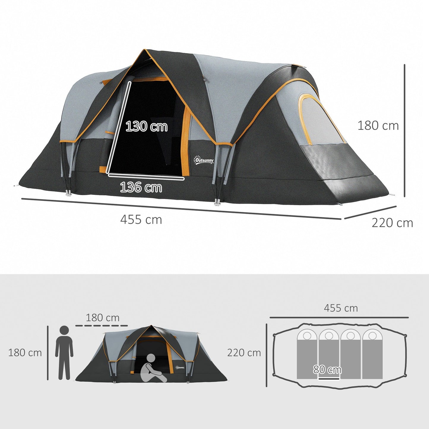 Waterproof family camping tent, 5-6 people, light grey