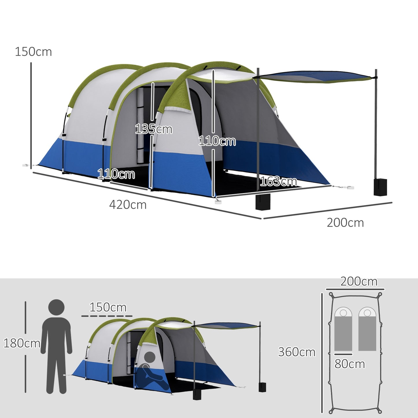3-person tunnel tent, windproof, 2 rooms, water-repellent