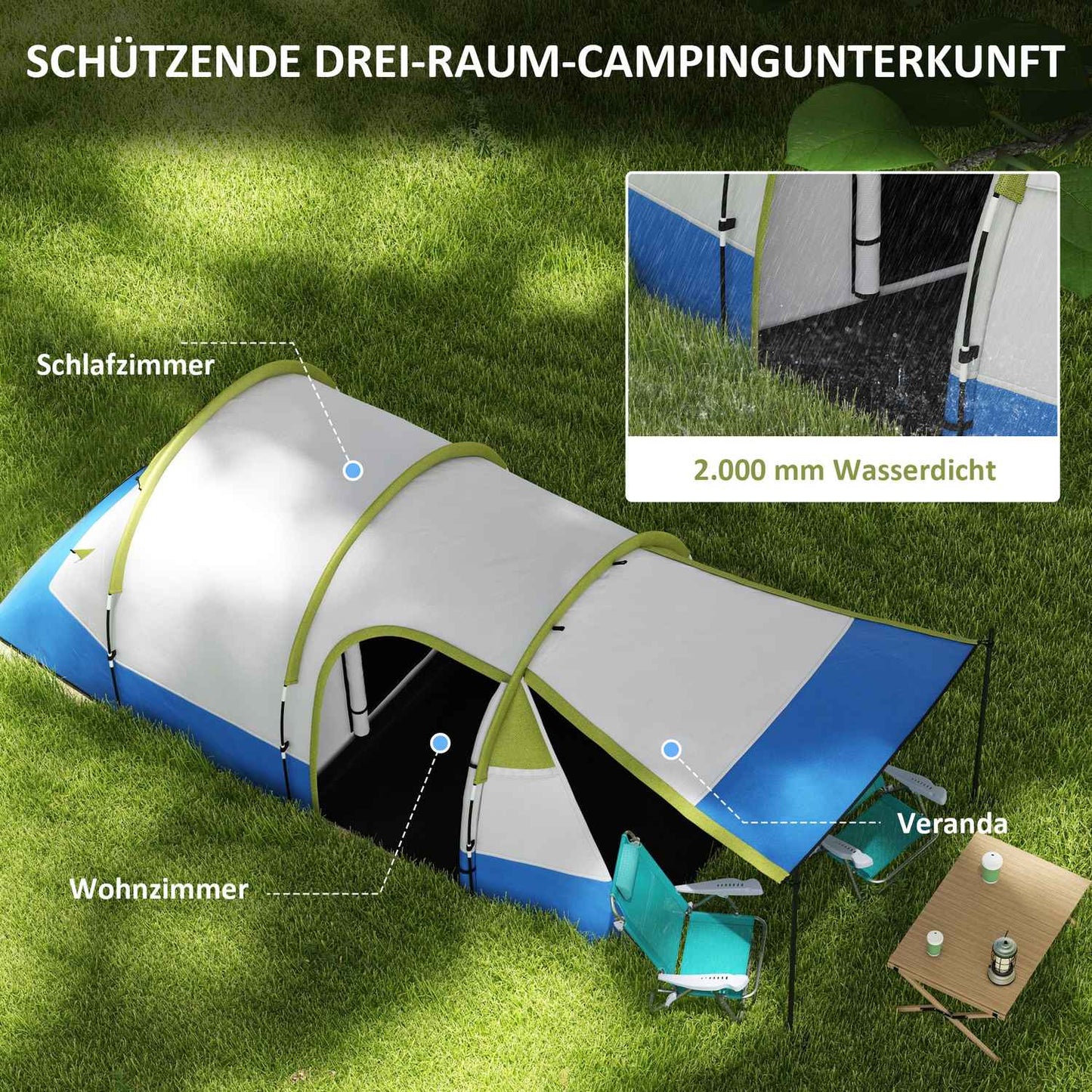 3-person tunnel tent, windproof, 2 rooms, water-repellent