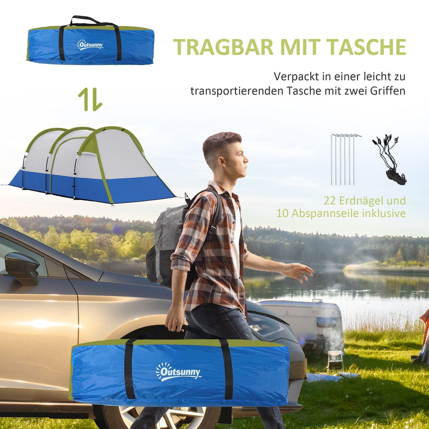 3-person tunnel tent, windproof, 2 rooms, water-repellent