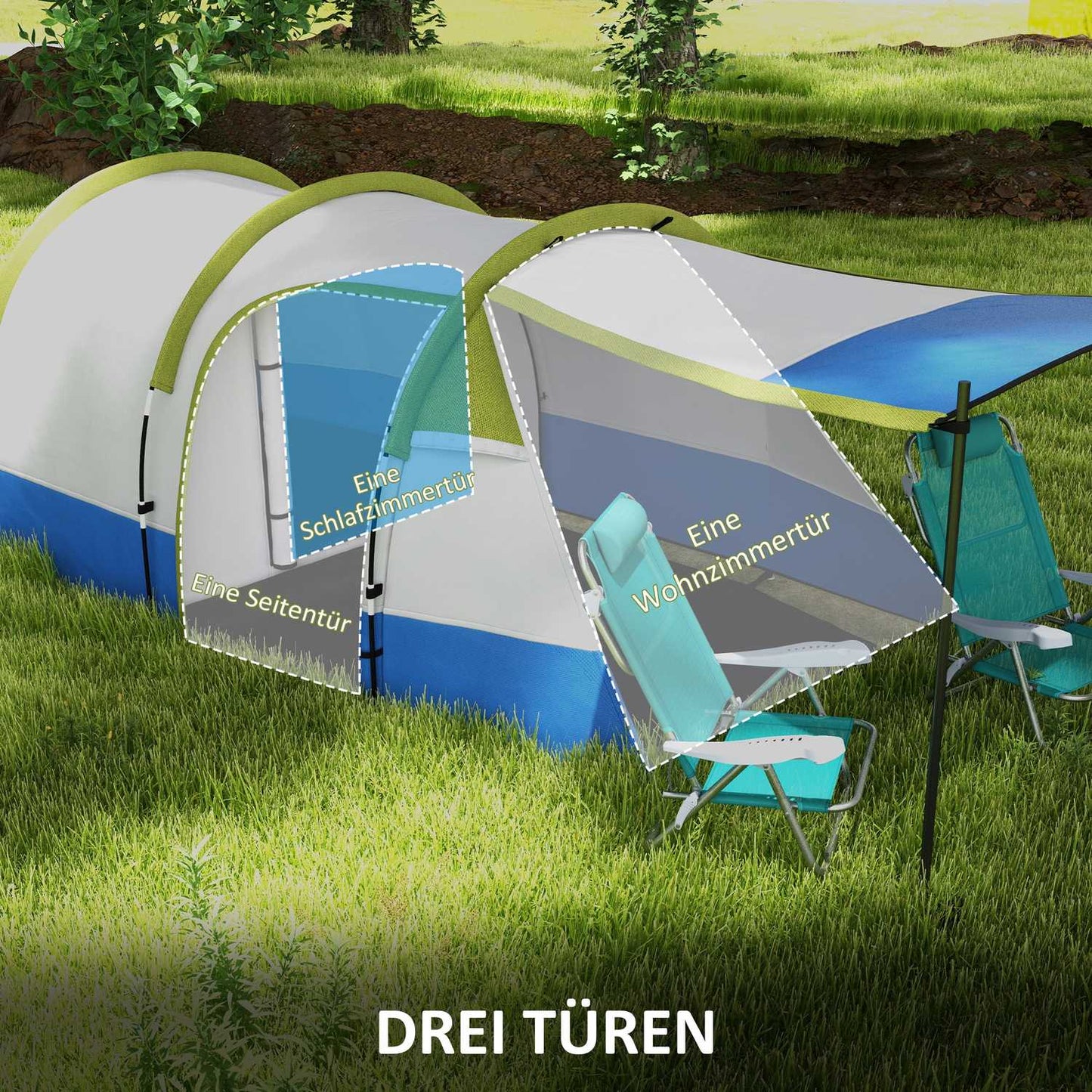 3-person tunnel tent, windproof, 2 rooms, water-repellent