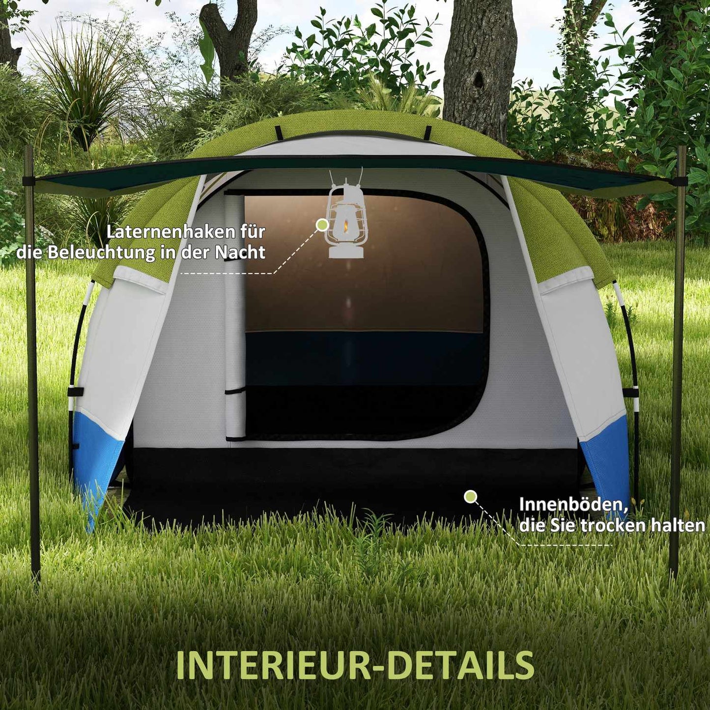 3-person tunnel tent, windproof, 2 rooms, water-repellent