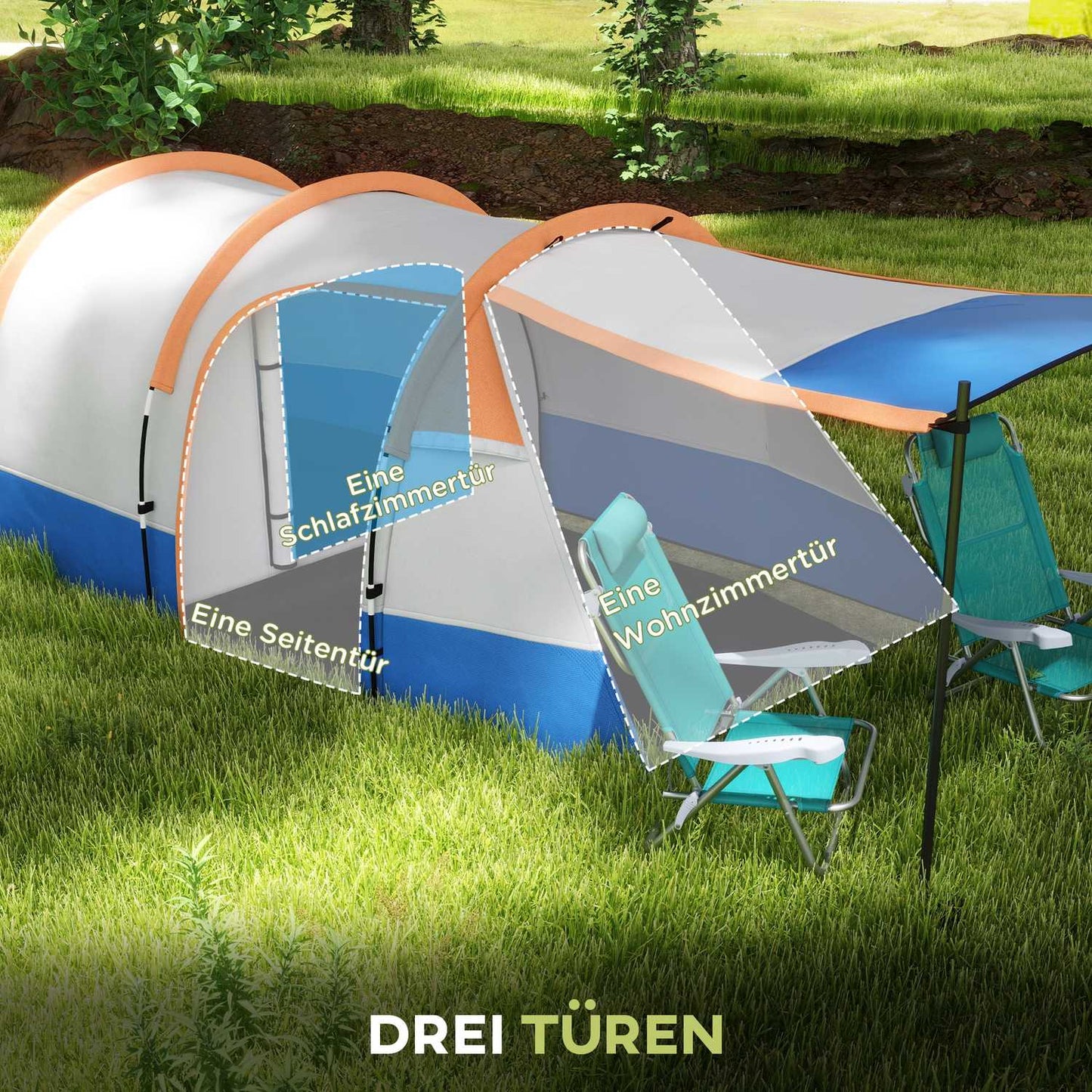 Camping tent for 3, 2 rooms, windproof, 2000 mm water repellent