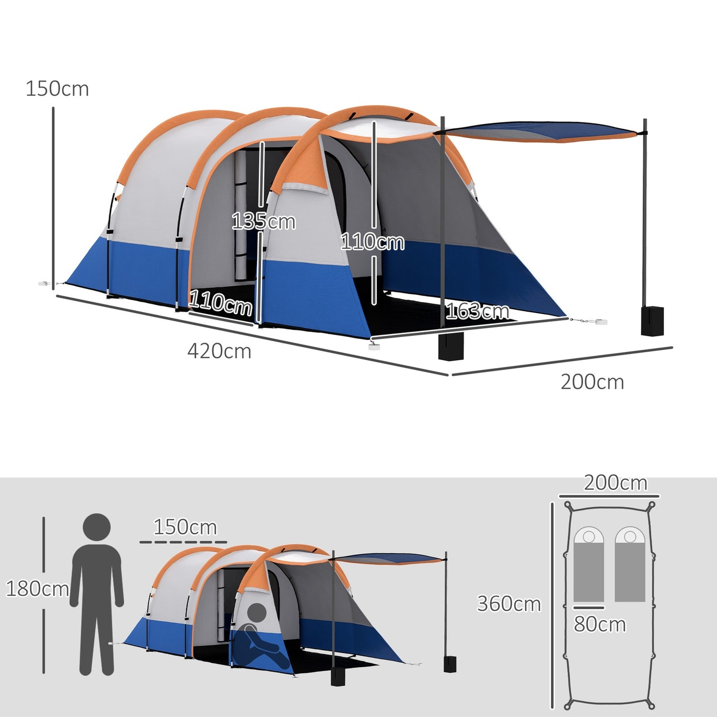 Camping tent for 3, 2 rooms, windproof, 2000 mm water repellent
