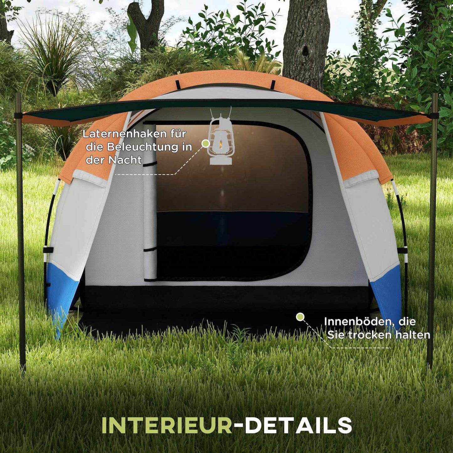 Camping tent for 3, 2 rooms, windproof, 2000 mm water repellent
